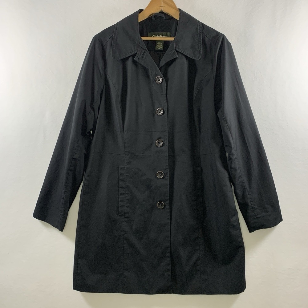 Eddie Bauer Women Mid Length Trench Rain Coat Sz M Petite Black Water Resistant